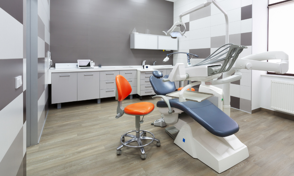 A dental office layout of a dental treatment room