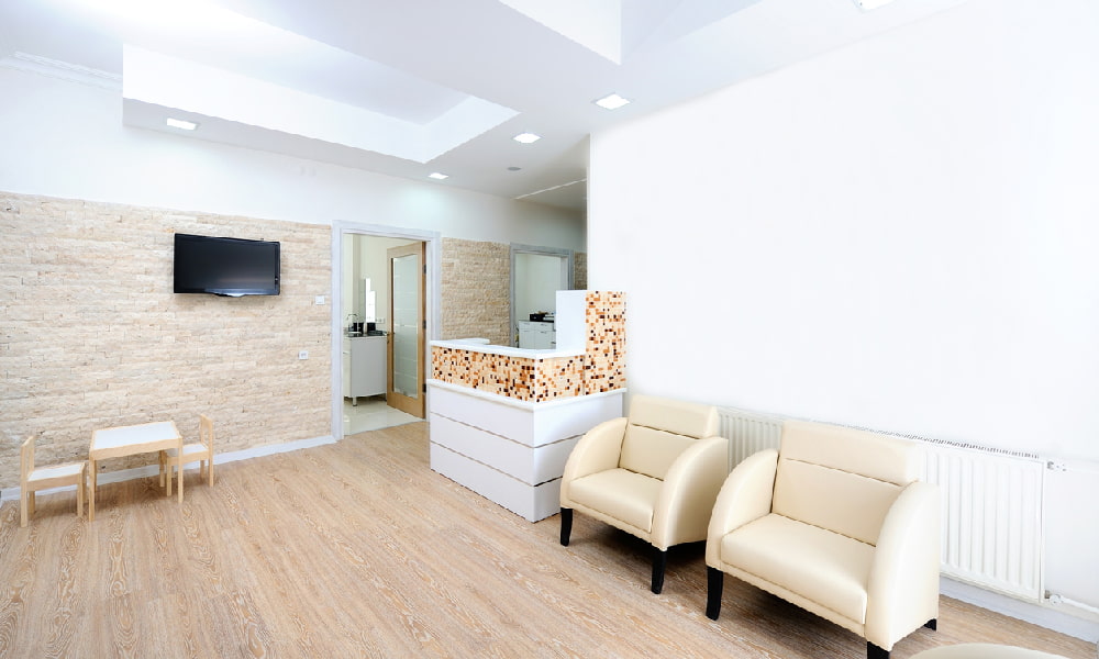 A modern design produces a light, attractive dental office waiting room.